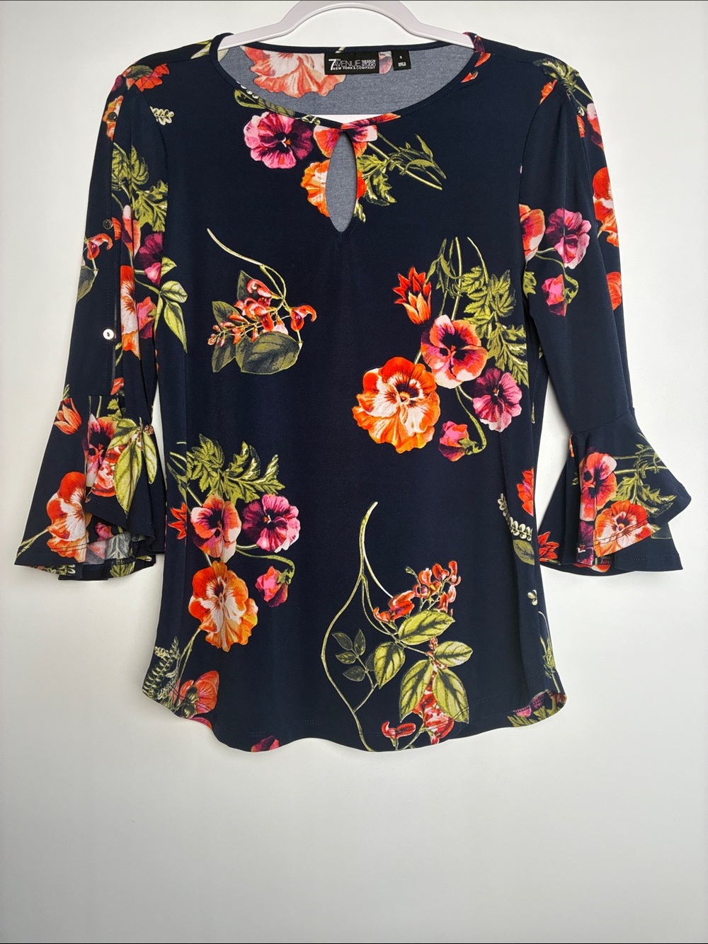 7TH Avenue Navy Blue Floral Top with Pink and Green Accents